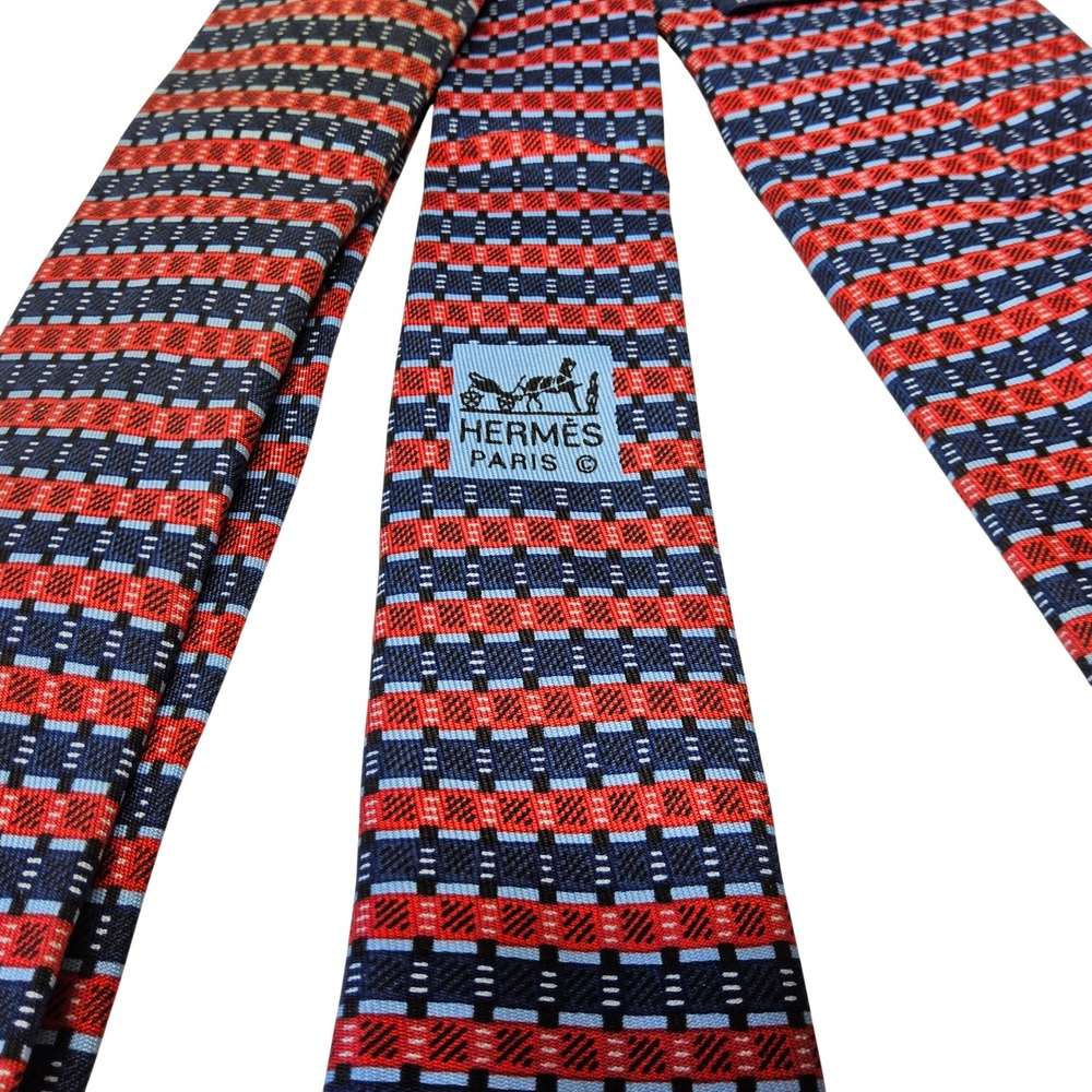 Hermes Silk Tie Mens One Size Red Blue Geometric Micro Pattern 816 EA France - Picture 8 of 11